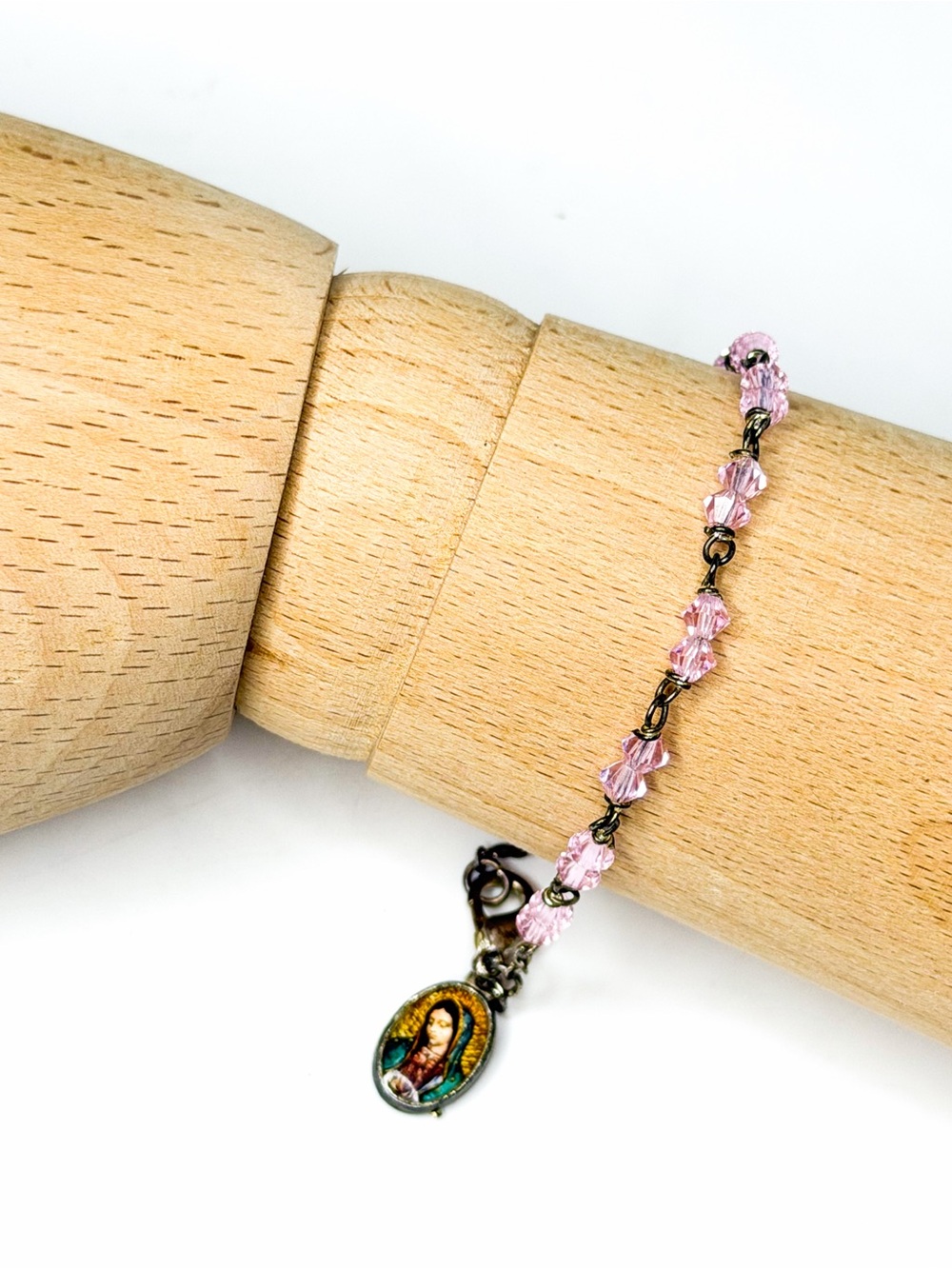 Silver Plated Pink Crystal Rosary Bracelet with Virgen de Guadalupe Charm